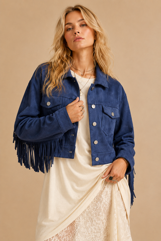 Navy Faux Suede Cropped Fringe Jacket