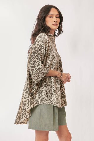 TAUPE LEOPARD ANIMAL PRINTED RIBBON RUFFLE SLEEVE SHIRT TOP - Born To Glam
