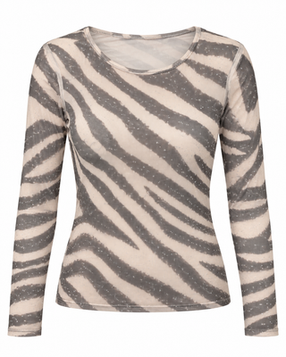 Mocha Zebra Sparkly Mesh Long Sleeve Top - white background flat lay