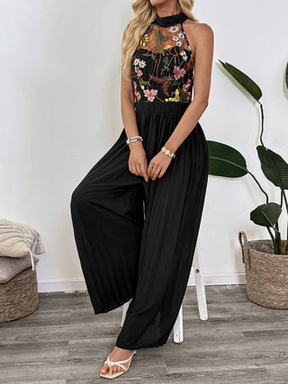 Black Embroidered Mesh Halter Pleated Jumpsuit alternate