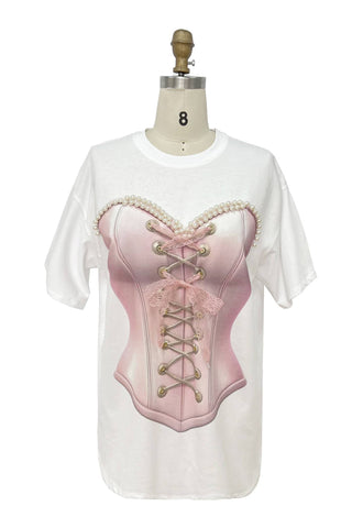 Corset Graphic Tee with Pearl and Lace Detail - Born To Glam