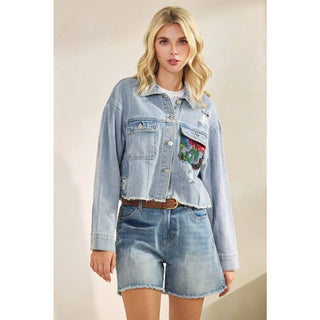 Style the Veveret Cropped Denim Jacket with Lace Floral Contrast exclusively at Born To Glam