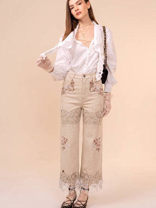 Washed Sand Embroidered Fringe Wide Leg Jeans - Faire photo 2