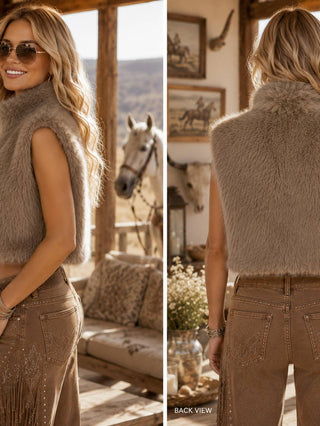 Mocha Brown Cropped Faux Fur Vest - back view