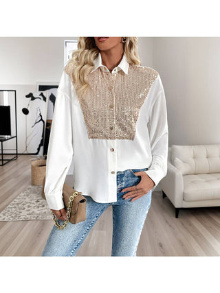 White Sequin Panel Button-Up Blouse alternate