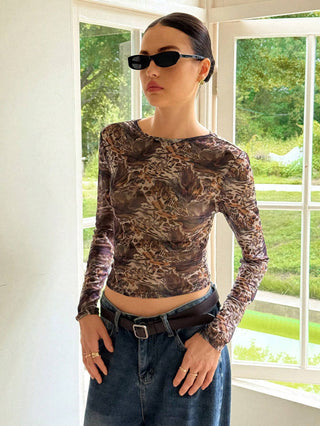 Leopard Mesh Long Sleeve Top - Leopard