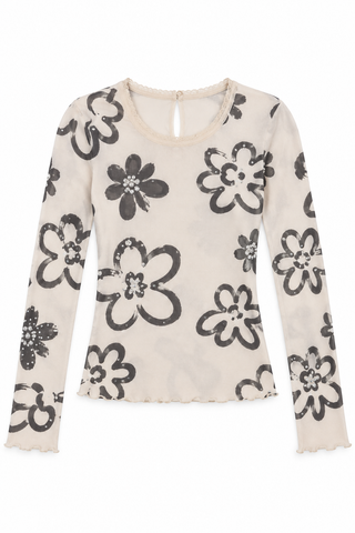 New Daisy Print Long Sleeve Top - white background flat lay