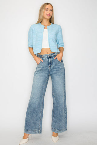 Acid Wash Adjustable Waist High Rise Wide Leg Jeans - view 2