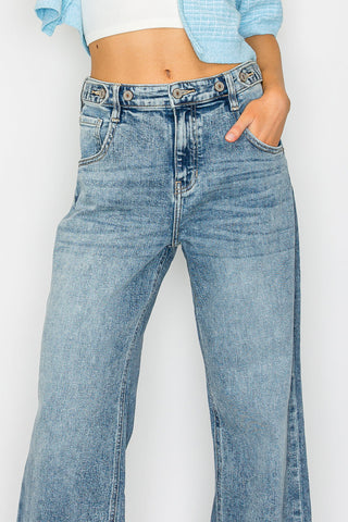 Acid Wash Adjustable Waist High Rise Wide Leg Jeans - view 8