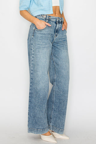 Acid Wash Adjustable Waist High Rise Wide Leg Jeans - view 6