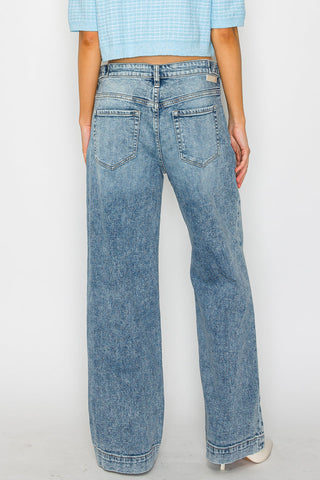Acid Wash Adjustable Waist High Rise Wide Leg Jeans - view 7