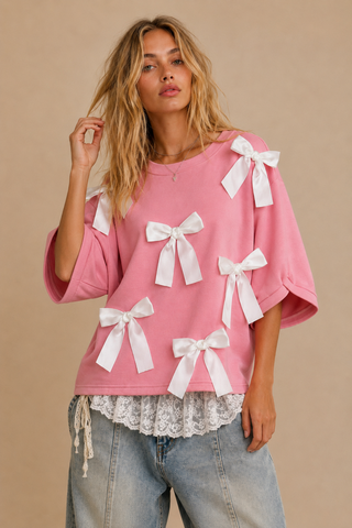 Soft Pink Rosy Bow-Embellished Short-Sleeve Top