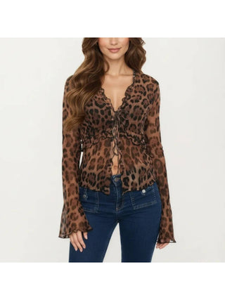Coffee Leopard Sheer Tie-Front Top front