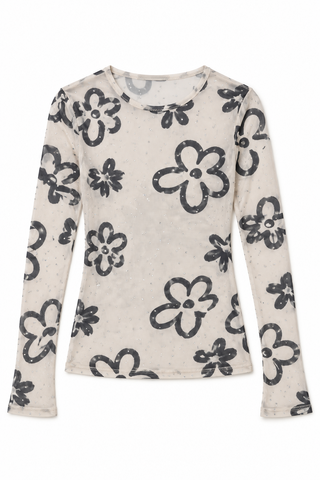 New Daisy Sparkly Mesh Long Sleeve Top - white background flat lay