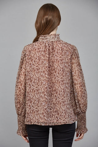 Brown Animal Print Ruffle Blouse