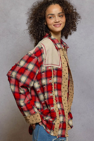 Red Patchwork Plaid Distressed Shirt
