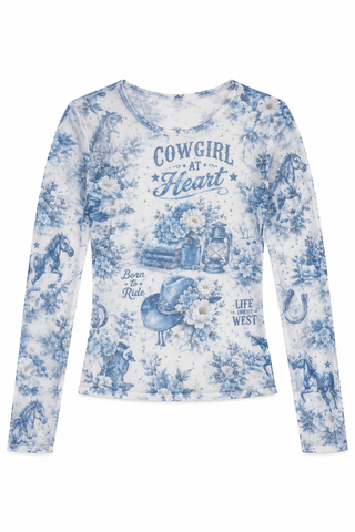 Blue Cowgirl Sparkly Mesh Long Sleeve Top - white background flat lay