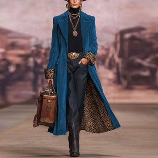 Long Velvet Blazer Leopard Cuff Coat Royal Blue