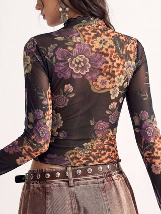 Vintage Floral Print Mesh Long Sleeve Slim Fit Top on model