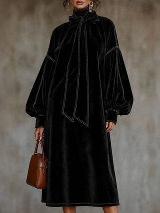 Navy Velvet Tie-Neck Midi Dress Navy view 2