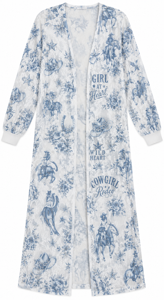 Blue Cowgirl Print Long Lace Cardigan - white background flat lay
