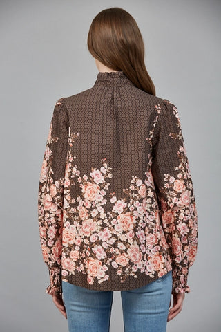 Brown Rose Print Long Sleeve Blouse