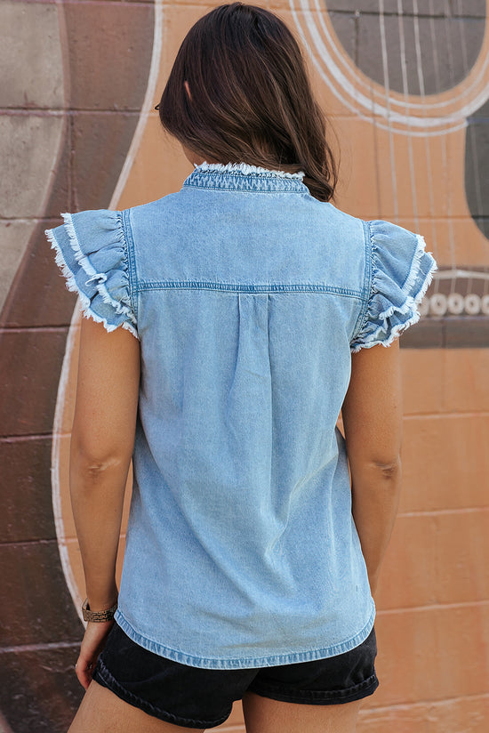 Black Button Front Ruffled Flutter Frayed Denim Top Born To Glam