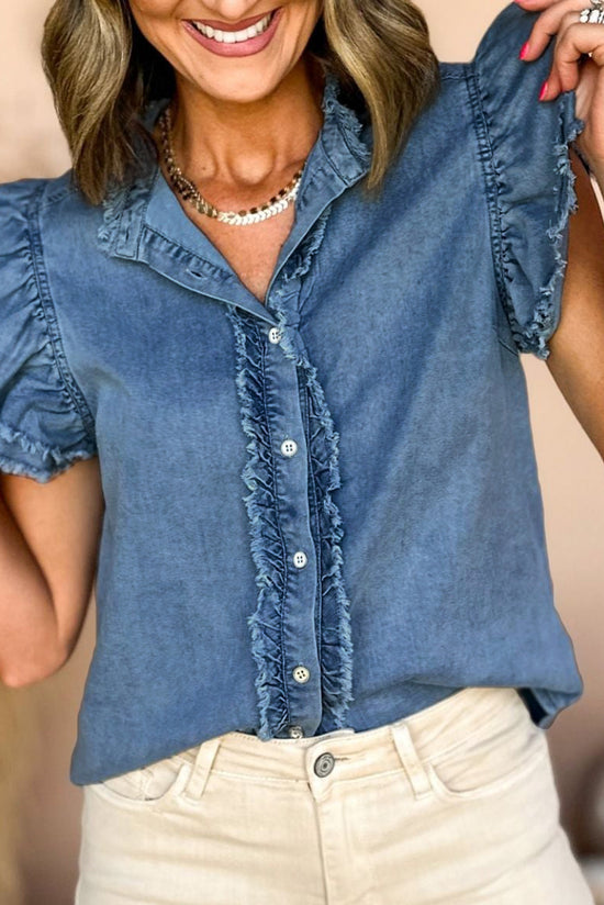 Black Button Front Ruffled Flutter Frayed Denim Top Born To Glam