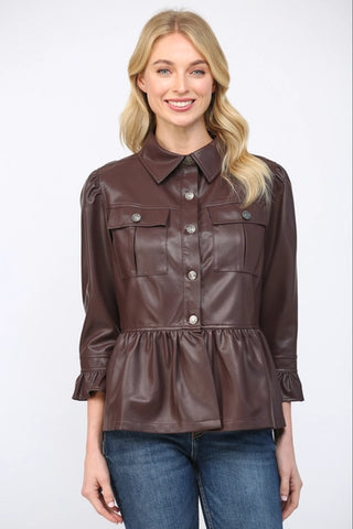 Dark Burgundy Peplum Style Faux Leather Jacket