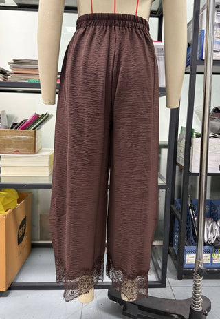 Brown Lace Trim Wide Leg Pants hanger view