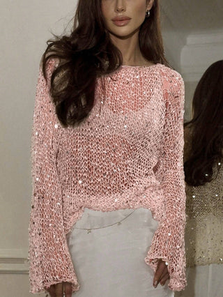 Champagne Women's Sequin Embellished Knit Top - Champagne