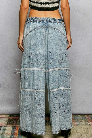 Wide Leg Denim Pants Laser Cut Detail