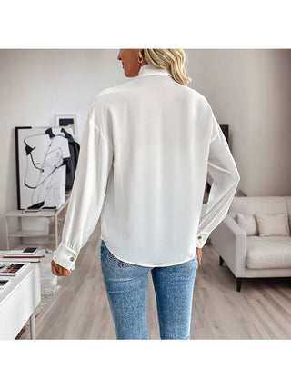 White Sequin Panel Button-Up Blouse styled