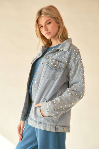 PLUS PEARL RHINESTONE DETAIL DENIM JACKET - Born To Glam