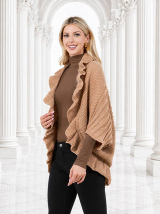 Open Front Ruffle Knit Cardigan Wrap Vest Taupe