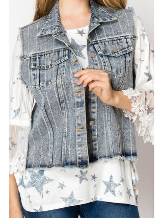Blue Crystal Stripe Denim Vest - Born To Glam