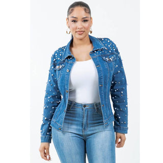 Radiant Pearls Rhinestone Deco Jean Jacket Dark Denim Multicolor