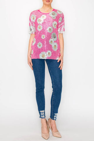 Pink Daisy Sequin Tee - Born To Glam