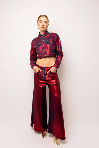 Wren Red Foil Coated Denim Pants - Born To Glam
