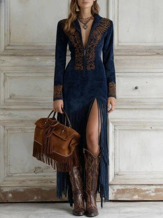 Navy Western Faux Suede Fringe Zip-Up Maxi Dress