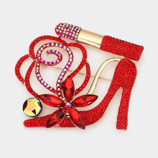Rhinestone Pave High Heel Flower Lipstick Brooch - Born To Glam