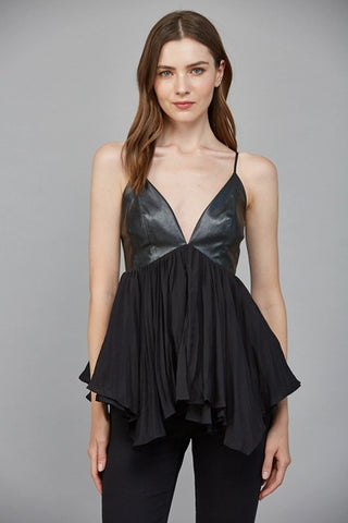 Black Faux Leather Pleated Chiffon Top
