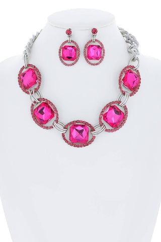 Chunky Oval Rhinestone Gem Link Necklace Set - Born To Glam