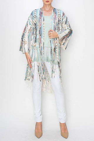 Turquoise Geo Faux Suede Fringe Cardigan - Born To Glam
