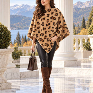 Leopard Faux Fur Poncho – Soft Plush Animal Print Camel