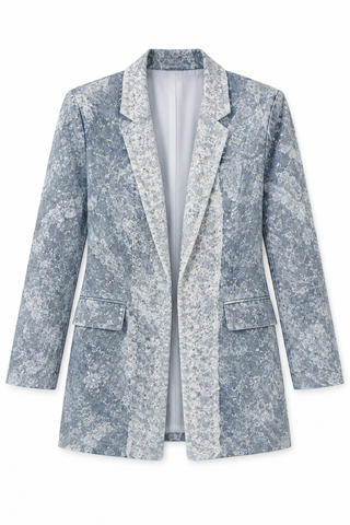 Denim Print Lace Sequin Blazer Jacket - white background flat lay