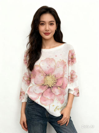 White Pink Floral Statement Top
