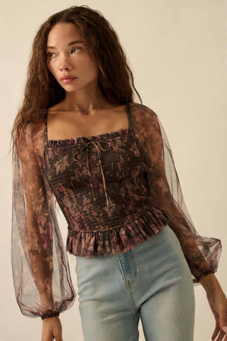 Layered Floral-Print Tulle Smocked Peasant Top - Born To Glam