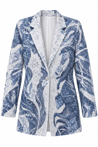 Blue Horse Print Lace Sequin Blazer Jacket - white background flat lay