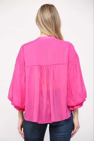 Fuchsia Puff Sleeve Button Down Top